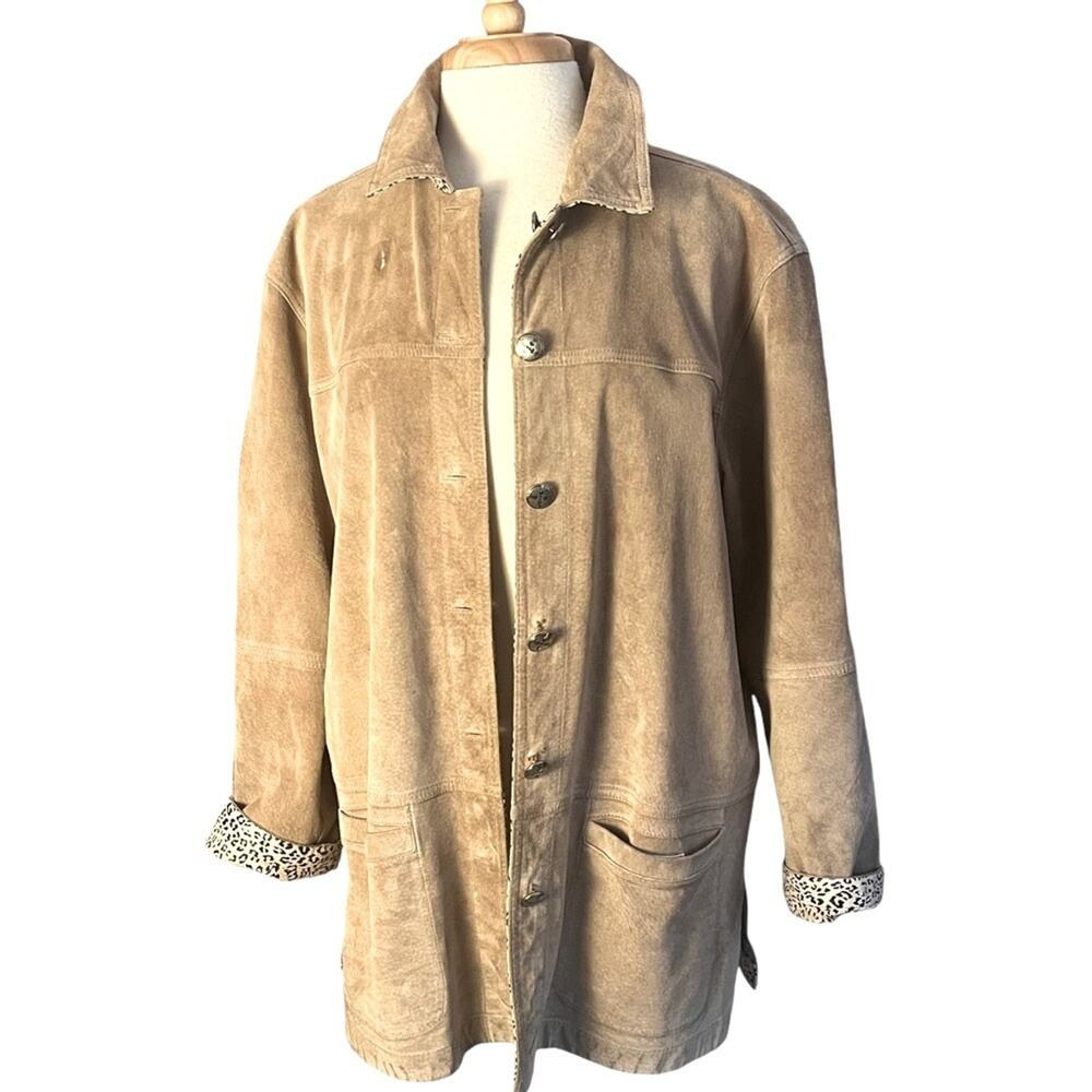 Reversible Suede Animal Print Brown Chore Coat Shacket Size Large Tan Chico's